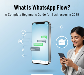 Businesswoman using WhatsApp Flow on smartphone with chat automation and payment icons – cover image for beginner’s guide 2025 by Picky Assist.