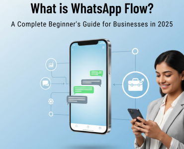 Businesswoman using WhatsApp Flow on smartphone with chat automation and payment icons – cover image for beginner’s guide 2025 by Picky Assist.