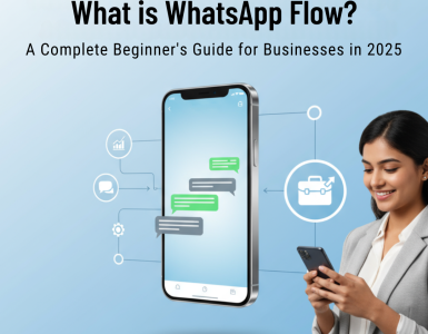 Businesswoman using WhatsApp Flow on smartphone with chat automation and payment icons – cover image for beginner’s guide 2025 by Picky Assist.