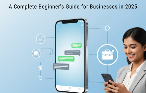 Businesswoman using WhatsApp Flow on smartphone with chat automation and payment icons – cover image for beginner’s guide 2025 by Picky Assist.