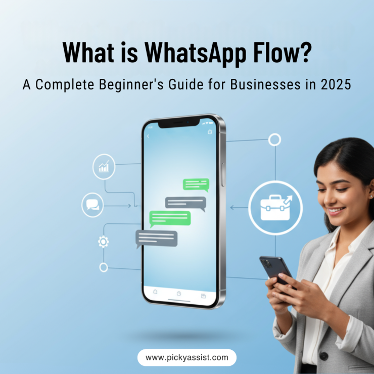 Businesswoman using WhatsApp Flow on smartphone with chat automation and payment icons – cover image for beginner’s guide 2025 by Picky Assist.