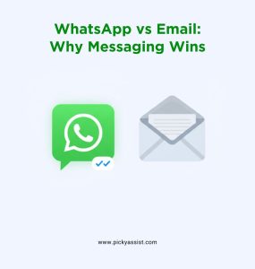 Comparison of WhatsApp and Email logos showing WhatsApp with double tick marks, illustrating why WhatsApp messaging wins over email.