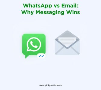 Comparison of WhatsApp and Email logos showing WhatsApp with double tick marks, illustrating why WhatsApp messaging wins over email.