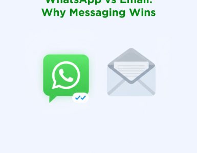 Comparison of WhatsApp and Email logos showing WhatsApp with double tick marks, illustrating why WhatsApp messaging wins over email.