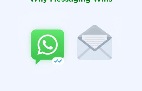 Comparison of WhatsApp and Email logos showing WhatsApp with double tick marks, illustrating why WhatsApp messaging wins over email.