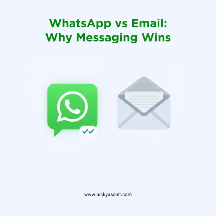 Comparison of WhatsApp and Email logos showing WhatsApp with double tick marks, illustrating why WhatsApp messaging wins over email.