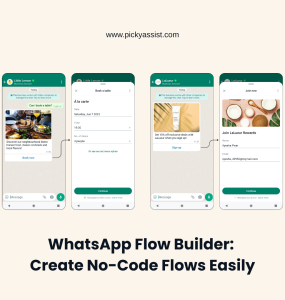 WhatsApp Flow Builder interface showing no-code booking, signup, and customer interaction flows inside WhatsApp