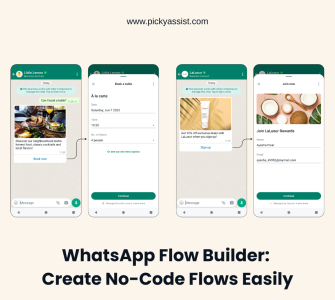 WhatsApp Flow Builder interface showing no-code booking, signup, and customer interaction flows inside WhatsApp
