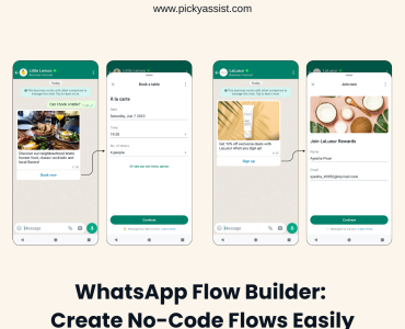 WhatsApp Flow Builder interface showing no-code booking, signup, and customer interaction flows inside WhatsApp