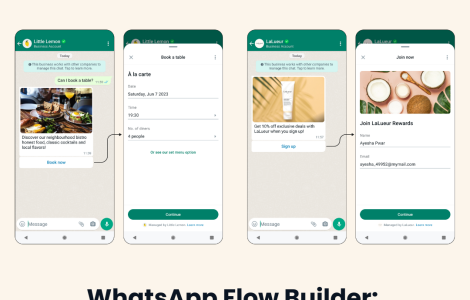 WhatsApp Flow Builder interface showing no-code booking, signup, and customer interaction flows inside WhatsApp