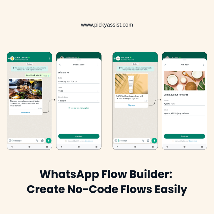 WhatsApp Flow Builder interface showing no-code booking, signup, and customer interaction flows inside WhatsApp