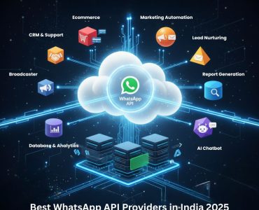 WhatsApp API cloud integration illustration showing features like CRM and support, ecommerce, marketing automation, lead nurturing, report generation, broadcaster, database and analytics, and AI chatbot with futuristic server and technology graphics.