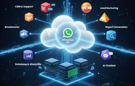 WhatsApp API cloud integration illustration showing features like CRM and support, ecommerce, marketing automation, lead nurturing, report generation, broadcaster, database and analytics, and AI chatbot with futuristic server and technology graphics.