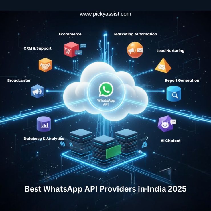 WhatsApp API cloud integration illustration showing features like CRM and support, ecommerce, marketing automation, lead nurturing, report generation, broadcaster, database and analytics, and AI chatbot with futuristic server and technology graphics.