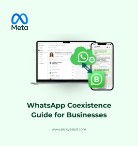 Illustration of WhatsApp Coexistence showing a phone screen syncing chats between the WhatsApp Business App and API dashboard.
