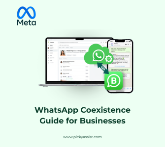 Illustration of WhatsApp Coexistence showing a phone screen syncing chats between the WhatsApp Business App and API dashboard.