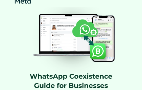Illustration of WhatsApp Coexistence showing a phone screen syncing chats between the WhatsApp Business App and API dashboard.