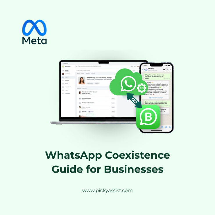 Illustration of WhatsApp Coexistence showing a phone screen syncing chats between the WhatsApp Business App and API dashboard.