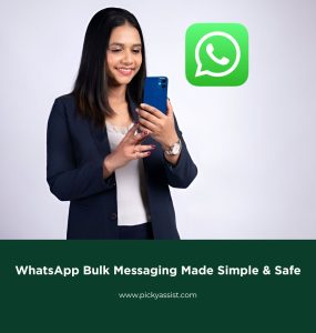 Woman using a smartphone to send WhatsApp bulk messages for business communication.