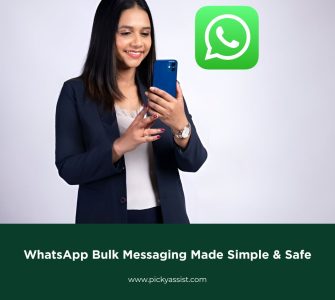 Woman using a smartphone to send WhatsApp bulk messages for business communication.