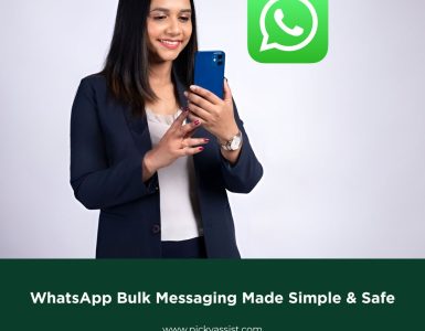 Woman using a smartphone to send WhatsApp bulk messages for business communication.