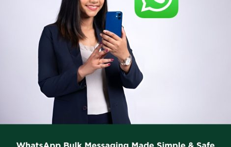 Woman using a smartphone to send WhatsApp bulk messages for business communication.