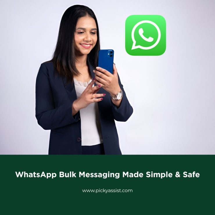 Woman using a smartphone to send WhatsApp bulk messages for business communication.