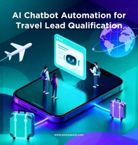 Travelers interacting with a chatbot on a large smartphone, surrounded by a globe, airplane, and suitcases to represent AI automation in travel lead qualification.