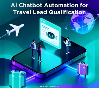 Travelers interacting with a chatbot on a large smartphone, surrounded by a globe, airplane, and suitcases to represent AI automation in travel lead qualification.