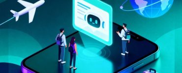 Travelers interacting with a chatbot on a large smartphone, surrounded by a globe, airplane, and suitcases to represent AI automation in travel lead qualification.