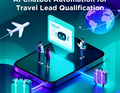 Travelers interacting with a chatbot on a large smartphone, surrounded by a globe, airplane, and suitcases to represent AI automation in travel lead qualification.