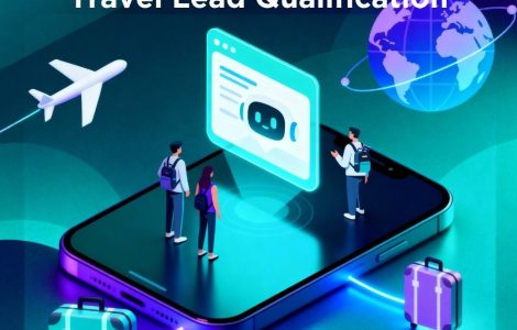 Travelers interacting with a chatbot on a large smartphone, surrounded by a globe, airplane, and suitcases to represent AI automation in travel lead qualification.