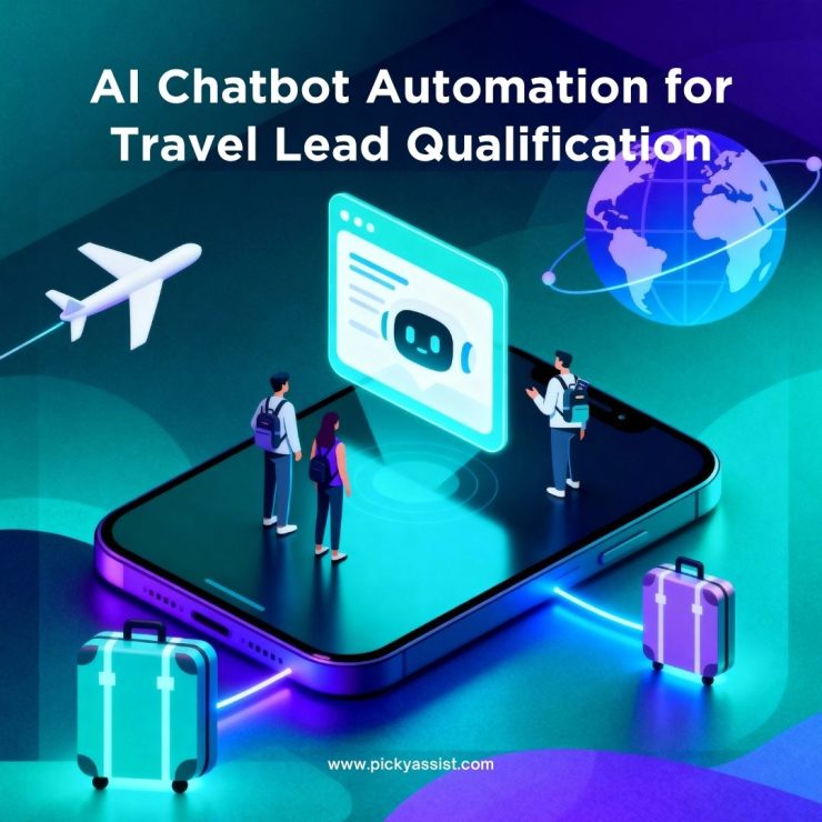 Travelers interacting with a chatbot on a large smartphone, surrounded by a globe, airplane, and suitcases to represent AI automation in travel lead qualification.