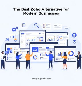 Business team comparing CRM dashboards to find the best Zoho alternative platform