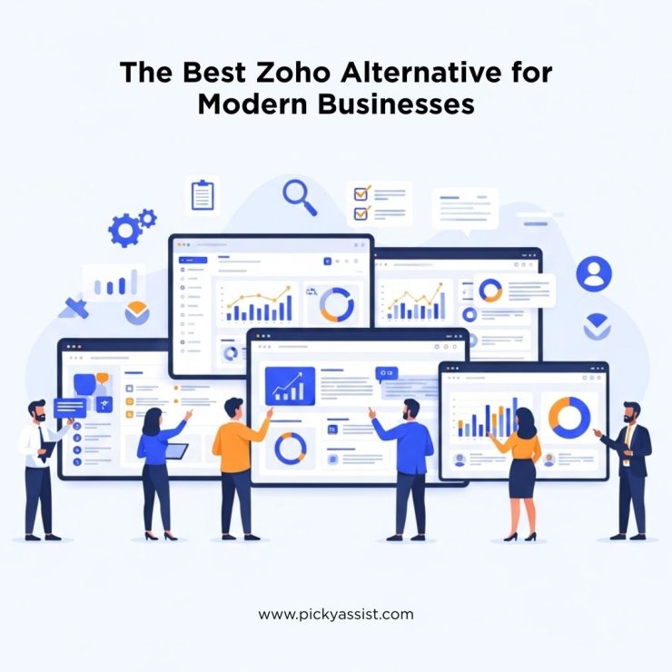 Business team comparing CRM dashboards to find the best Zoho alternative platform