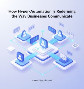 Illustration of hyper-automation streamlining customer communication with AI-powered chatbots and digital workflows