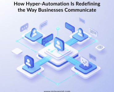 Illustration of hyper-automation streamlining customer communication with AI-powered chatbots and digital workflows