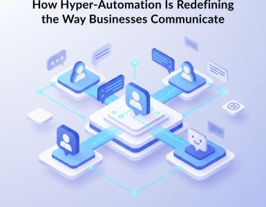 Illustration of hyper-automation streamlining customer communication with AI-powered chatbots and digital workflows