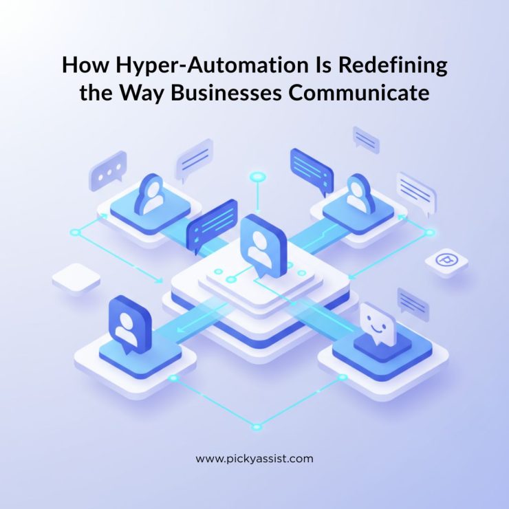 Illustration of hyper-automation streamlining customer communication with AI-powered chatbots and digital workflows