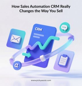 3D abstract graphic showing sales automation CRM improving sales and engagement.