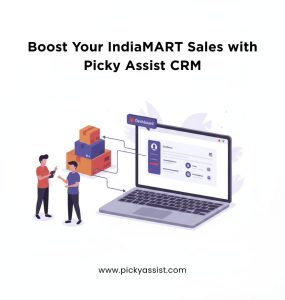 Illustration showing IndiaMART integrated with Picky Assist CRM, depicting automated order and customer management process.
