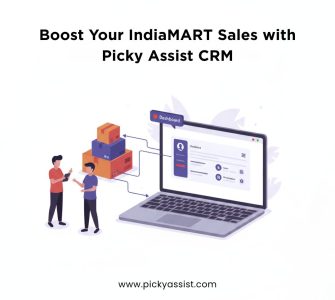 Illustration showing IndiaMART integrated with Picky Assist CRM, depicting automated order and customer management process.