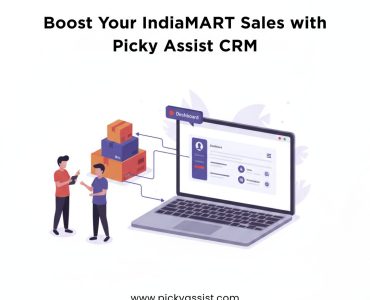 Illustration showing IndiaMART integrated with Picky Assist CRM, depicting automated order and customer management process.