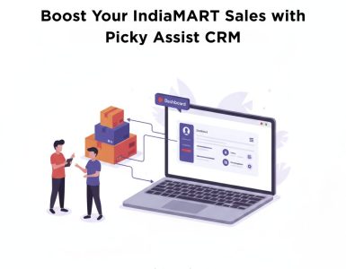 Illustration showing IndiaMART integrated with Picky Assist CRM, depicting automated order and customer management process.