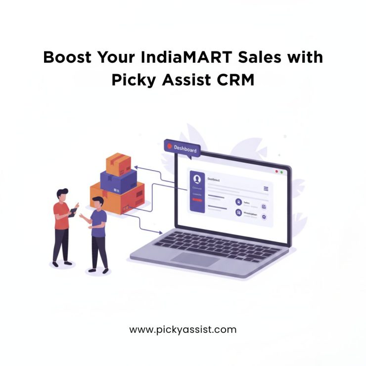 Illustration showing IndiaMART integrated with Picky Assist CRM, depicting automated order and customer management process.