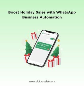 Smartphone displaying a WhatsApp message with a special Christmas offer surrounded by gift boxes and Christmas trees, symbolizing automated festive marketing and customer engagement.