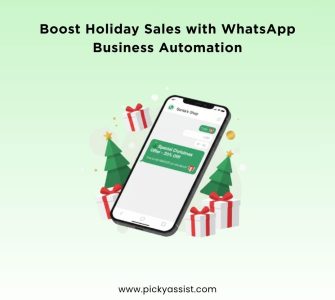 Smartphone displaying a WhatsApp message with a special Christmas offer surrounded by gift boxes and Christmas trees, symbolizing automated festive marketing and customer engagement.