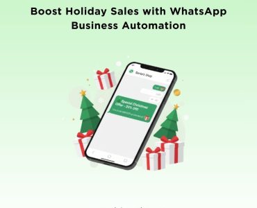 Smartphone displaying a WhatsApp message with a special Christmas offer surrounded by gift boxes and Christmas trees, symbolizing automated festive marketing and customer engagement.