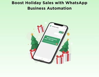 Smartphone displaying a WhatsApp message with a special Christmas offer surrounded by gift boxes and Christmas trees, symbolizing automated festive marketing and customer engagement.