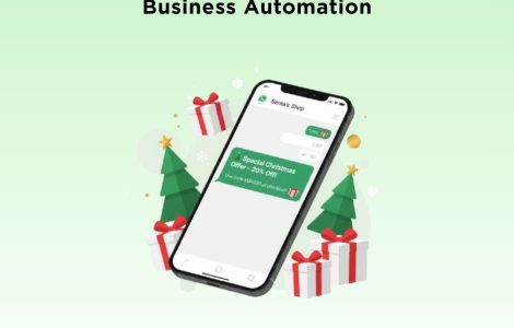 Smartphone displaying a WhatsApp message with a special Christmas offer surrounded by gift boxes and Christmas trees, symbolizing automated festive marketing and customer engagement.